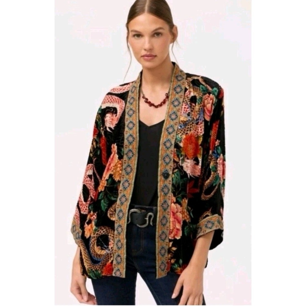 Johnny Was Merhawi Reversible‎ Kimono XXL Black Burnout Velvet Dragon Floral NEW